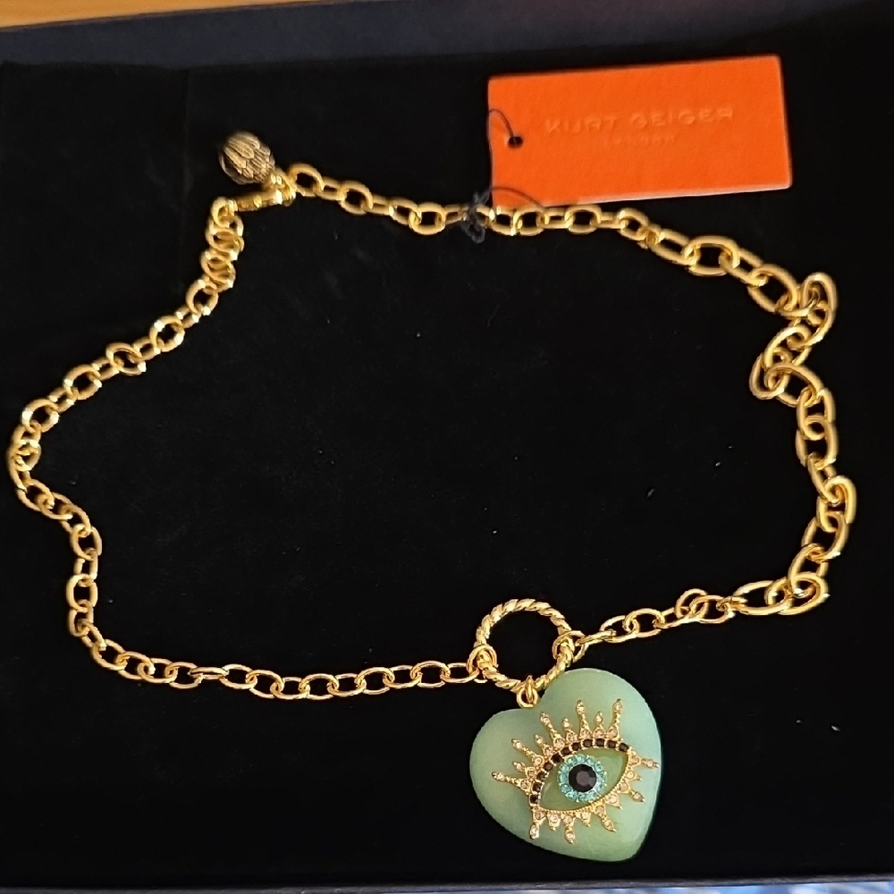 Kurt Geiger Gold Necklace with Green Eye Heart Pendant